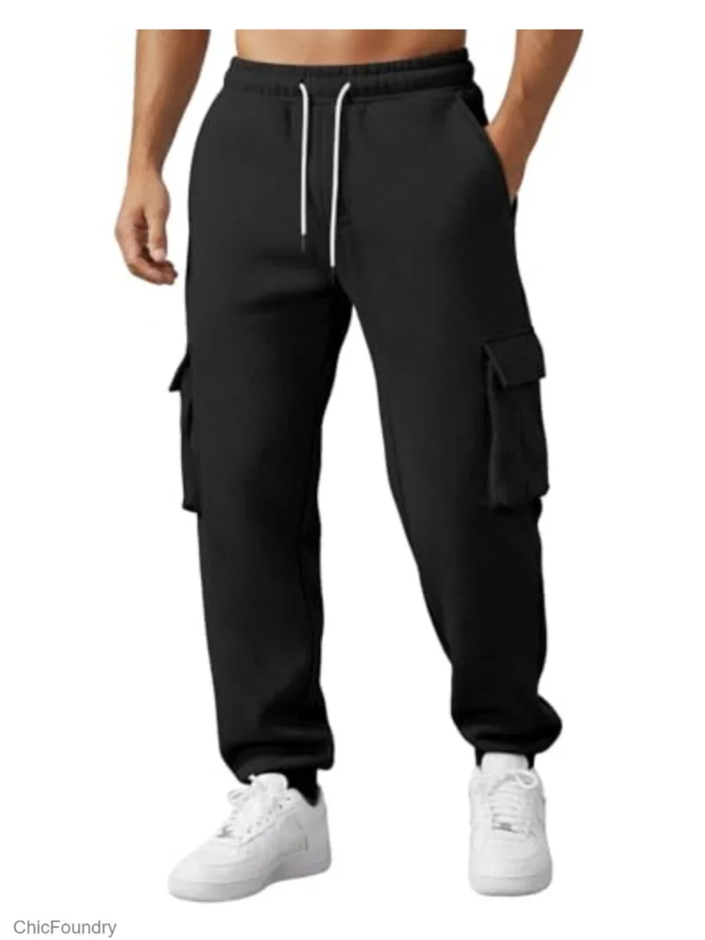 Men's Heavyweight Fleece Lined Cargo Sweatpants Joggers with 5 Pockets, Tapered